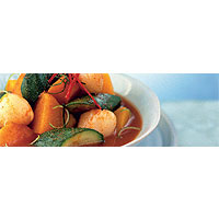 Jungle curry with lychees, sweet potato and courgette