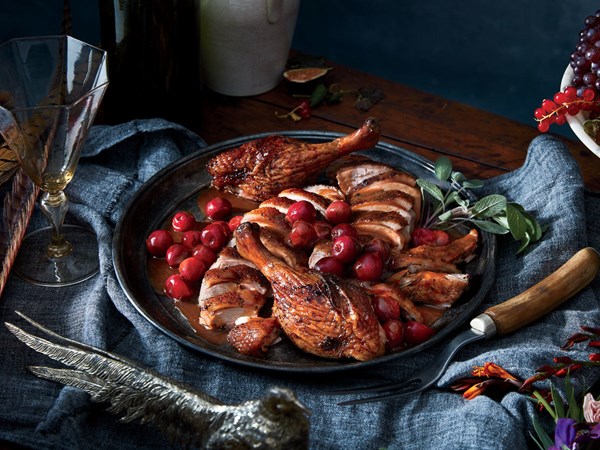 Juniper-rubbed roast duck with cherry jus