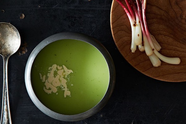 Justin Burdett's chilled English pea soup with garlic cream & pickled ramps