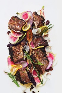 Justin Smillie's peppercorn-crusted short ribs with lemon, olives, and radishes