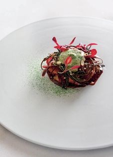 Kabayaki freshwater eel with sea urchin custard, arame seaweed, sorrel and blood orange