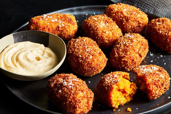 Kabocha squash fritters with yuzu-garlic dipping sauce