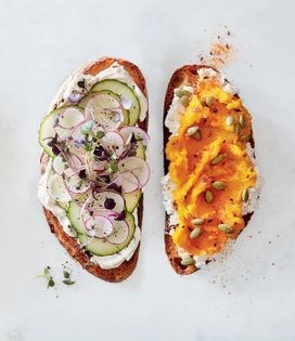 Kabocha squash toasts with goat cheese & pepitas