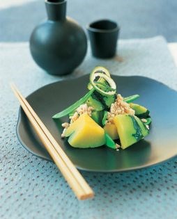 Kabocha squash with chicken sauce (Kabocha tori-soboro kake)