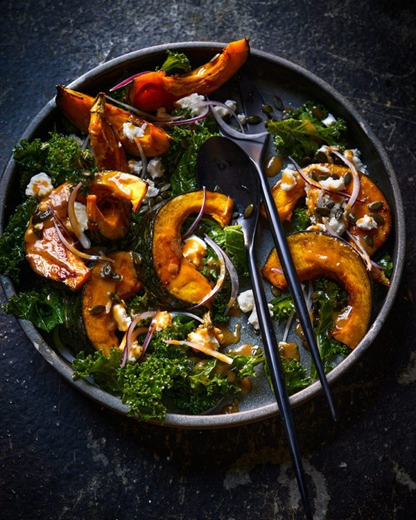 Kabocha squash with miso, kale and feta