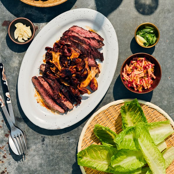 Kalbi-style steak and mushroom lettuce wraps