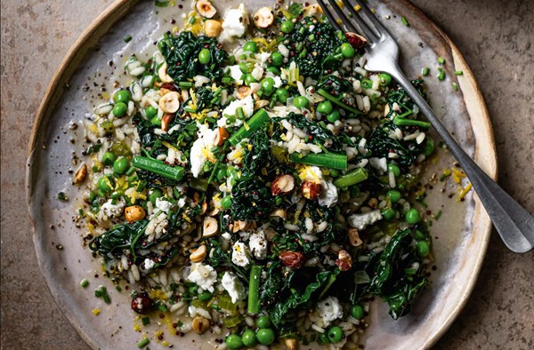Kale & quinoa risotto with feta and toasted hazelnuts