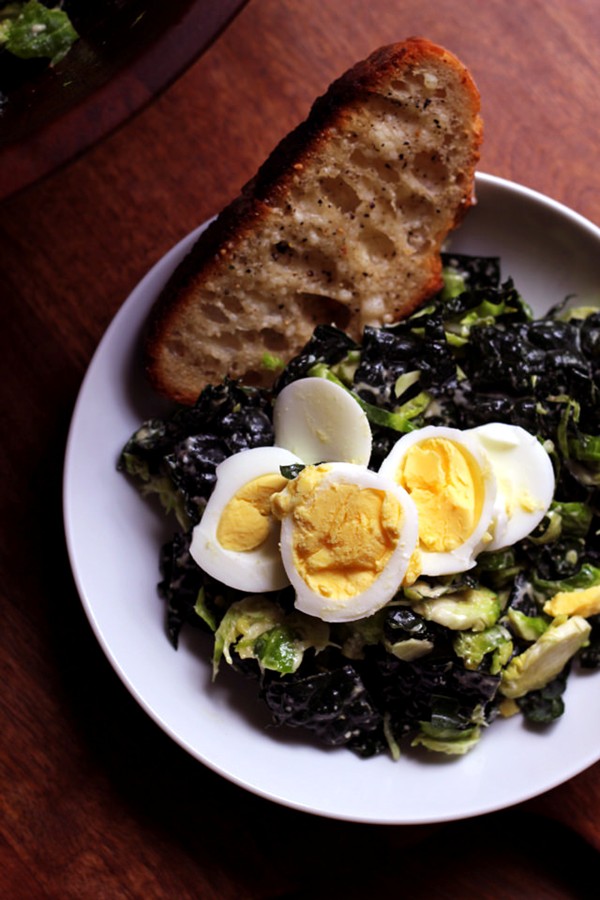 Kale and Brussels sprout Caesar salad with Parmesan toasts