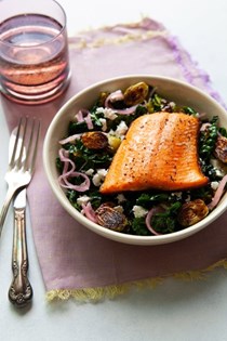 Kale and Brussels sprouts salad with crispy-skinned fish
