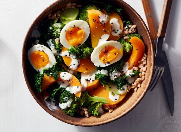 Kale and butternut squash bowl with jammy eggs 