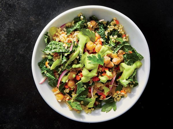 Kale-and-chickpea grain bowl with avocado dressing