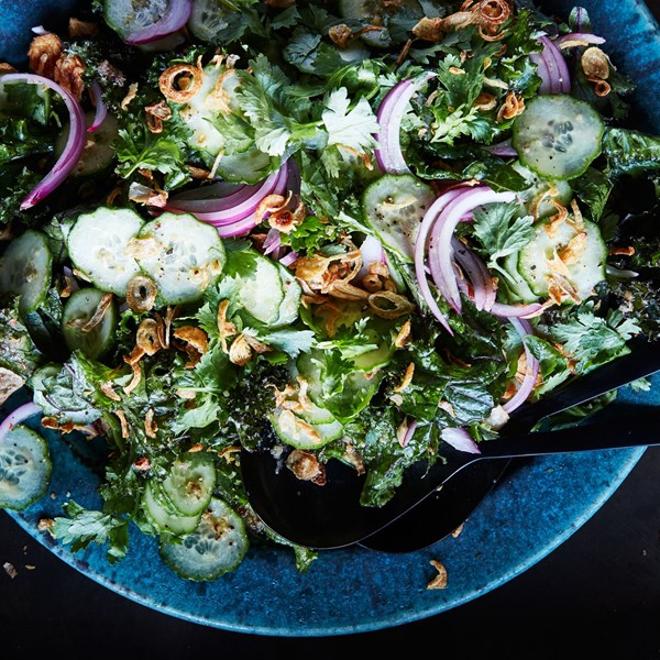 Kale and cucumber salad with roasted ginger dressing