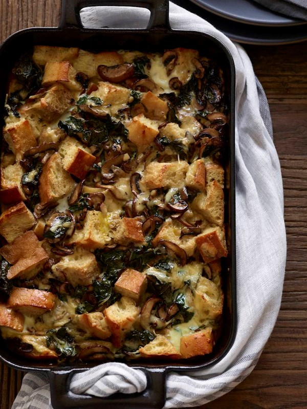 Kale and mushroom bread pudding