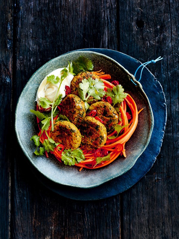 Kale and pumpkin falafels with pickled carrot slaw