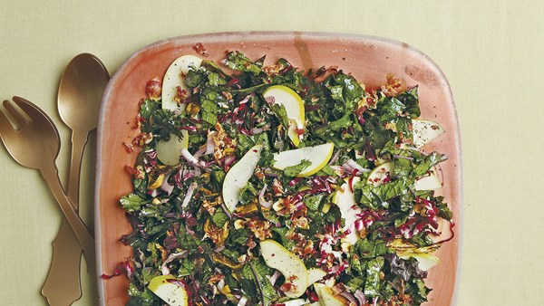 Kale and radicchio salad with pancetta, pears, and figs