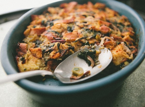 Kale and shiitake mushroom bread pudding