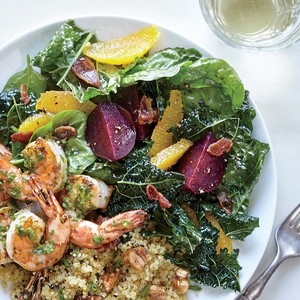 Kale and spinach salad with beets and roasted garlic-citrus vinaigrette