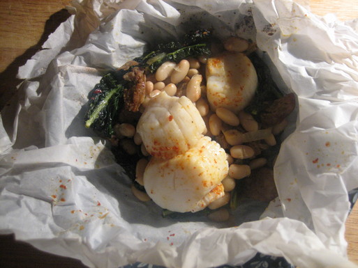 Kale, andouille, scallop, white bean, and piment d'esplette - in parchment