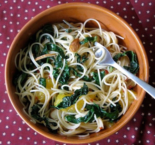 Kale-angel hair tangle with orange-chili oil and toasted almonds
