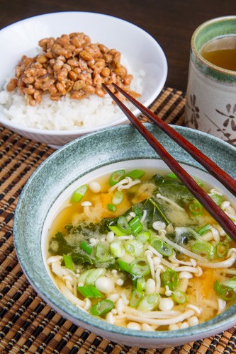 Kale, butternut squash and mushroom miso soup