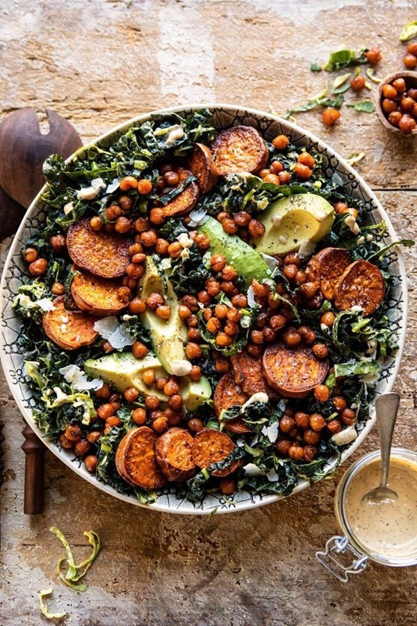 Kale Caesar salad with sweet potatoes and crispy chickpeas