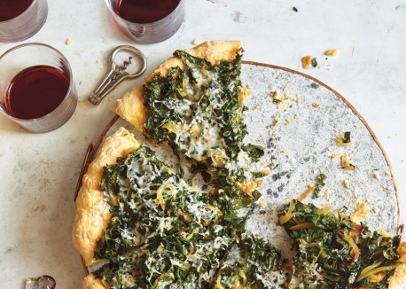 Kale, caramelized onion, and Parmesan pizza