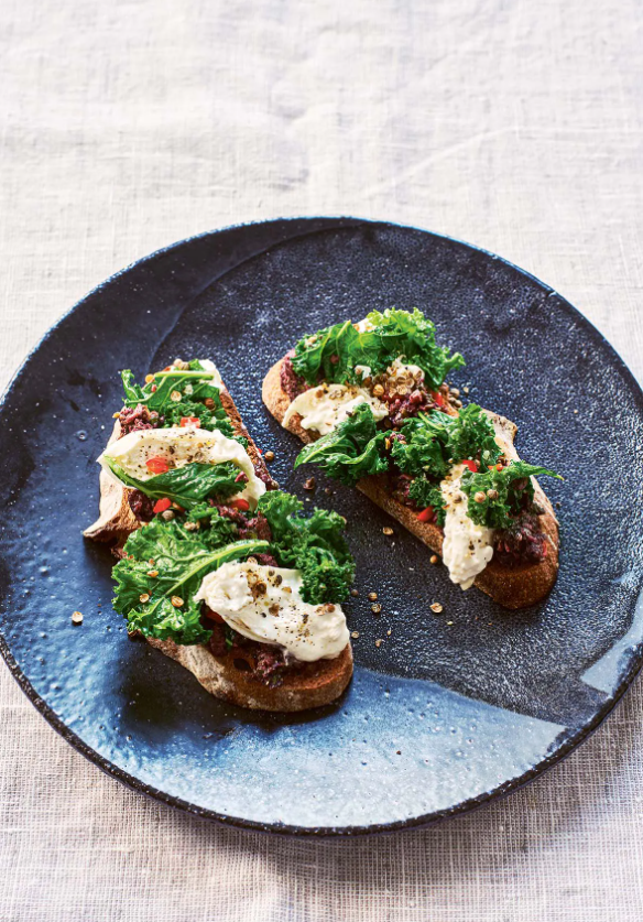 Kale, chile, burrata & tapenade on sourdough