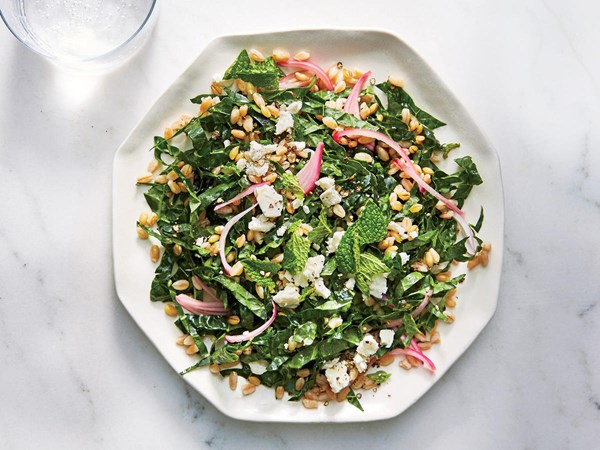 Kale, farro, and feta salad