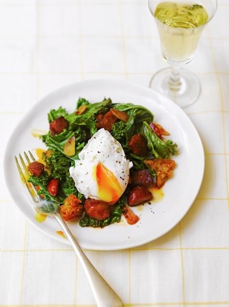 Kale, fried chorizo & crusty croutons with a poached egg