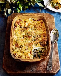 Kale, leek and mushroom lasagne with crunchy blue vinny topping