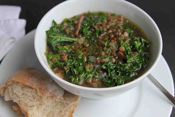 Kale, lentil, and bacon soup