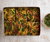 Kale pesto strata with Gruyère and mustard