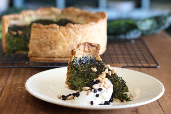 Kale, preserved lemon and pine nut tart
