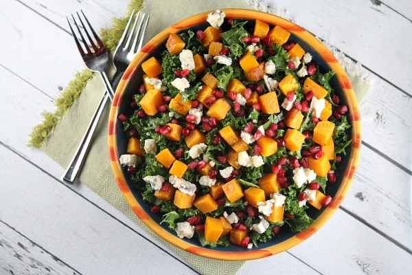 Kale salad with butternut squash, blue cheese & honey-cider vinaigrette