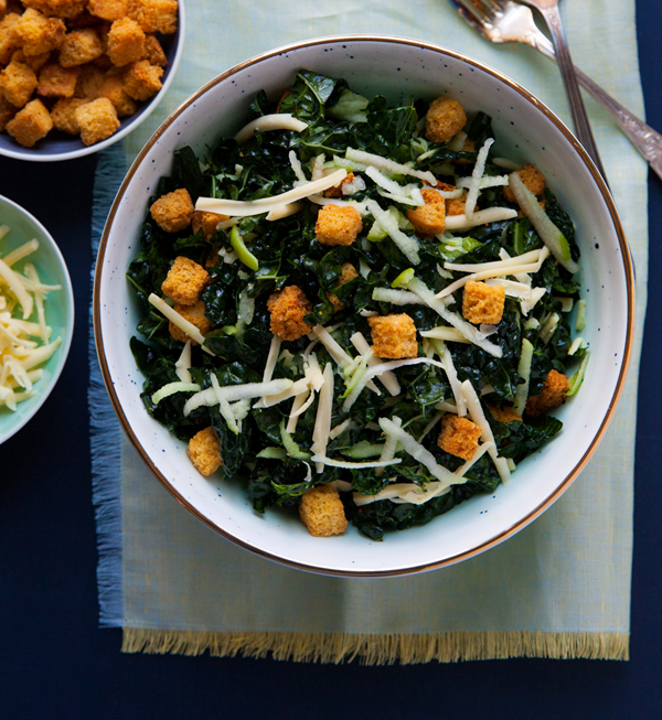 Kale salad with cider vinaigrette and cornbread croutons