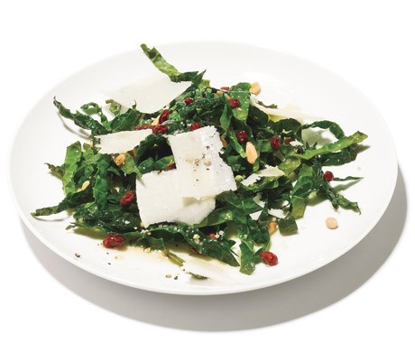 Kale salad with pine nuts, currants, and Parmesan