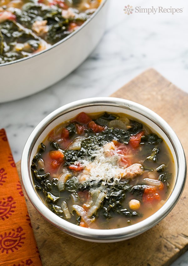 Kale sausage soup with tomatoes and chickpeas