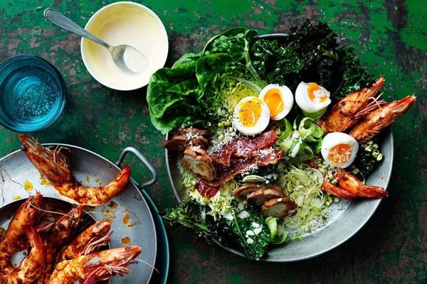 Kale sprout Caesar with tandoori prawns