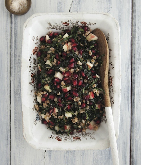 Kale tabbouleh with pomegranate seeds & ras el hanout dressing