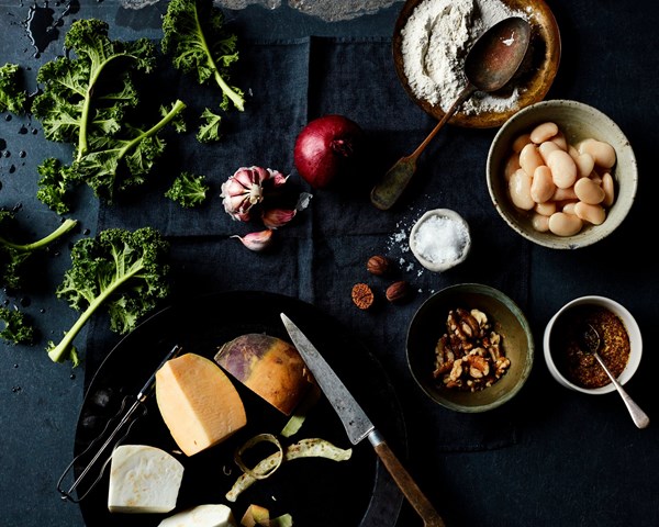 Kale, walnut and cheddar rosti pie