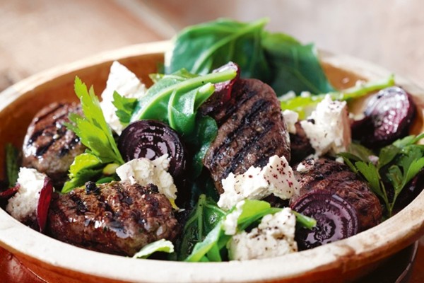 Kangaroo kofta with warrigal greens, beetroot and feta
