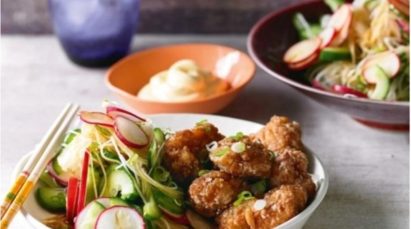 Karaage chicken with radish and cucumber salad