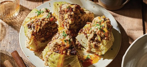 Kasha-stuffed cabbage with mustard cream [apple cider reduction]