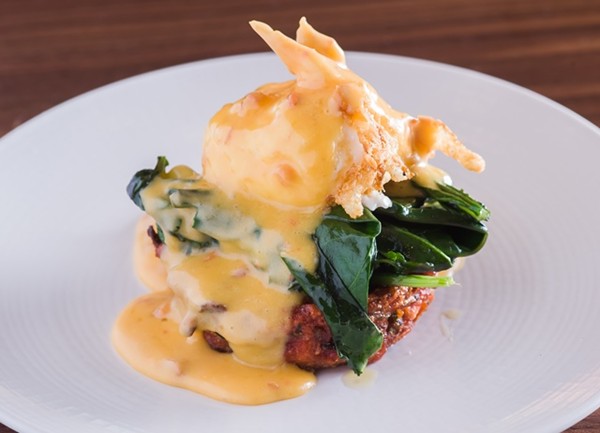 Kashmiri masala hash with crispy egg and miso Hollandaise