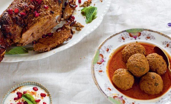 Kashmiri-style leg of lamb roasted with almonds, coconut and rose