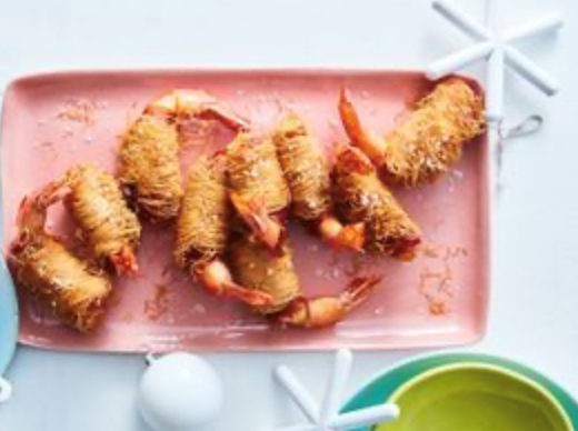 Kataifi and prosciutto-wrapped prawns with lemon and tarragon aioli