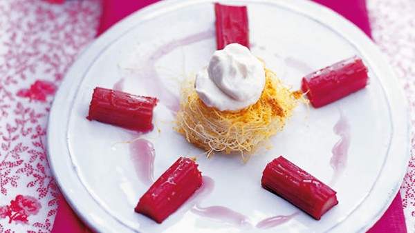 Kataifi nests with sweet labne and rose-water poached rhubarb