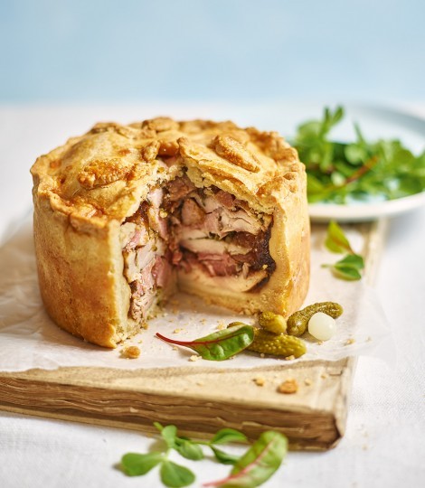 Kate's chicken and smoked ham pie with black treacle and tarragon jelly