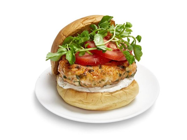 Katie Lee's salmon burgers with lemon-caper aïoli