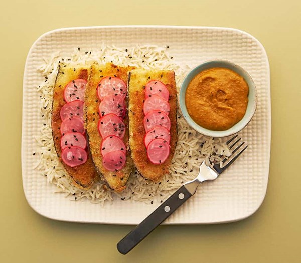 Katsu curry with panko aubergines and pickled radishes